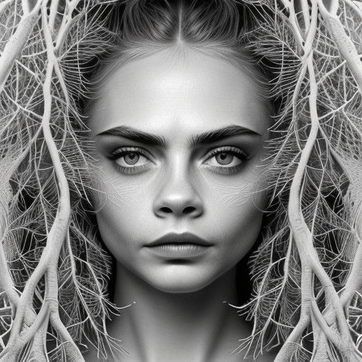 Hyper-Realistic Close-Up of Tree Branch Lips in Black Ink