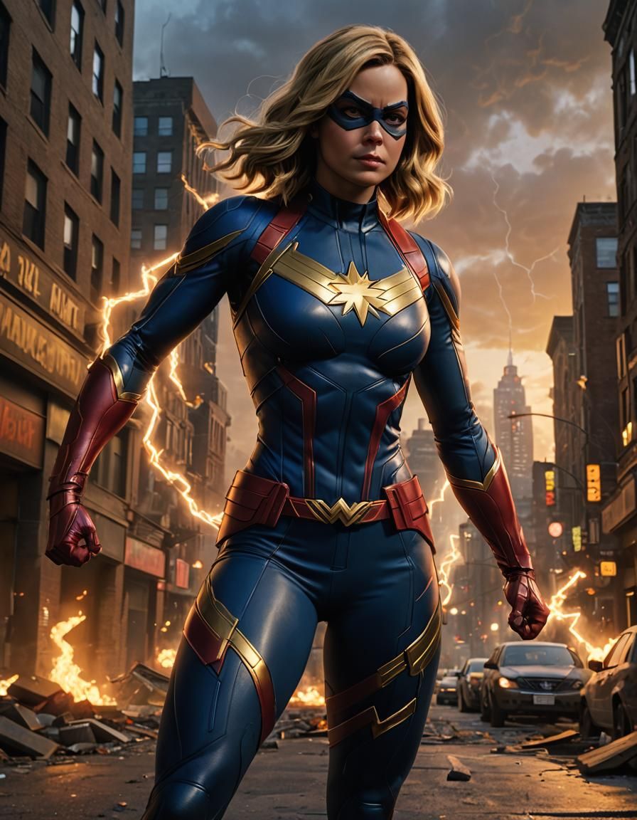 Heroic Ms. Marvel: Dynamic Cityscape at Dusk