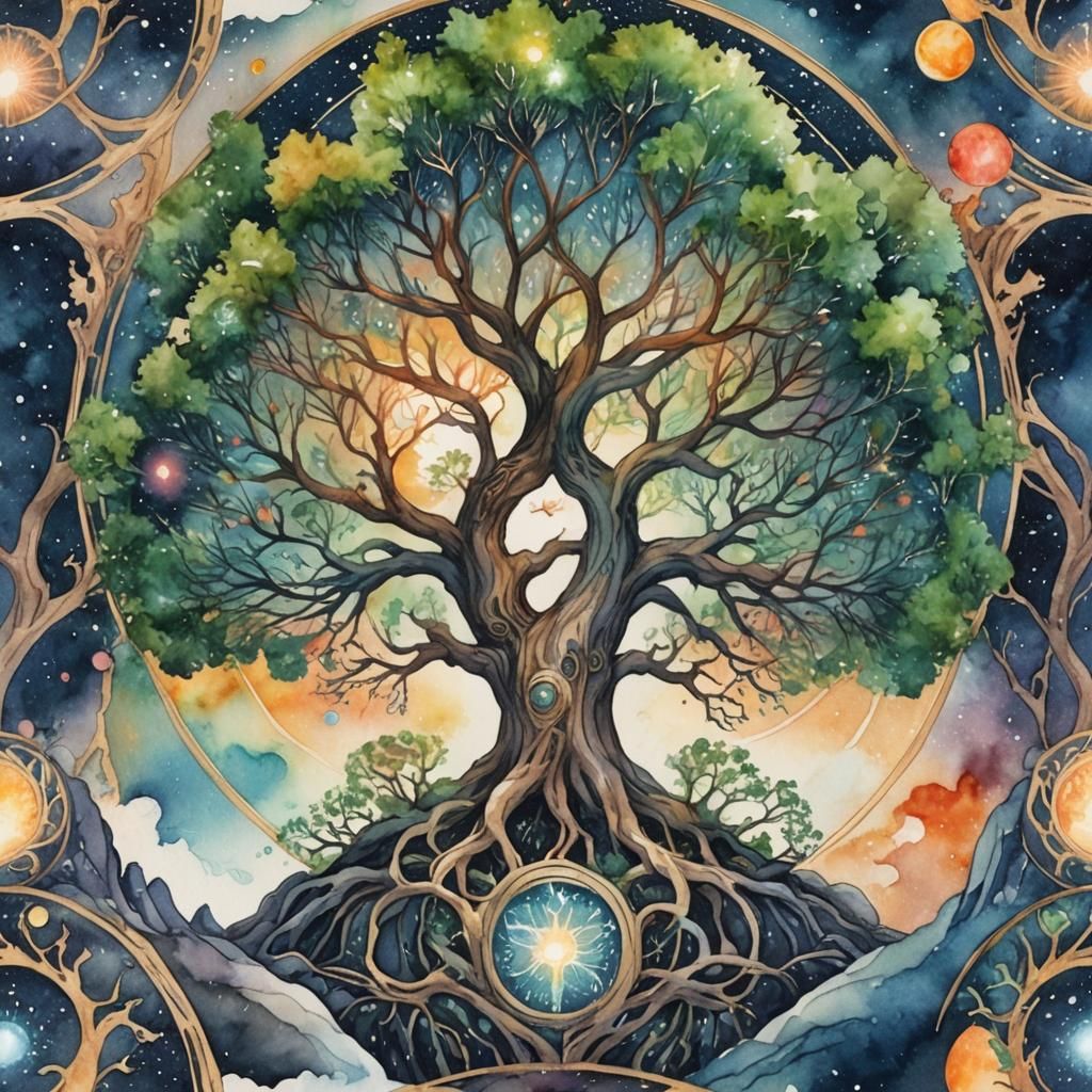 Yggdrasil Watercolor: Heavenly Luminescent Cosmic Tree