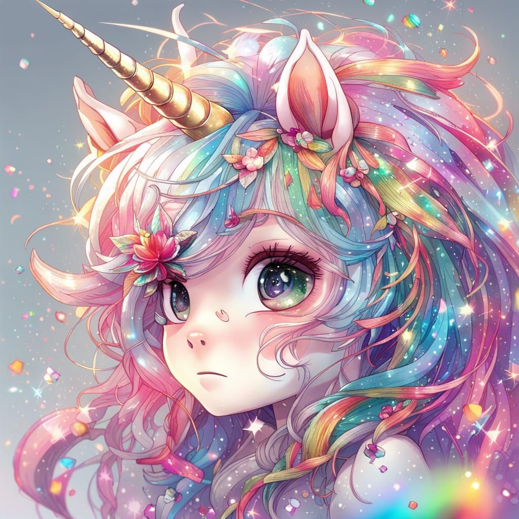 Rainbow Unicorn with Glitter Rain, Digital Art