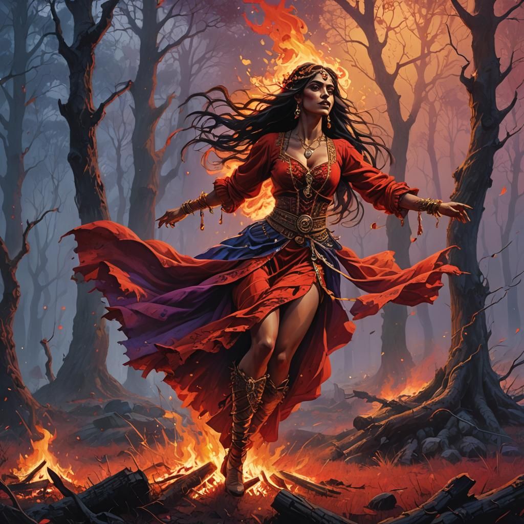 Gypsy Girl Dancing Around Bonfire, Fantasy Art