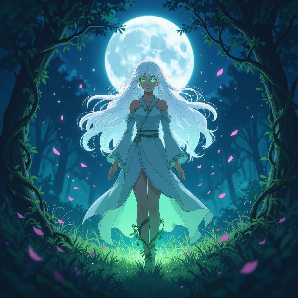 Anime Illustration of Iri in Moonlit Forest Clearing