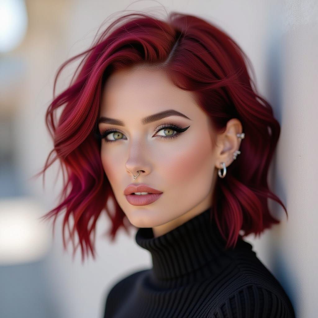 A woman with fiery red and indigo hair swept upward as if ca...