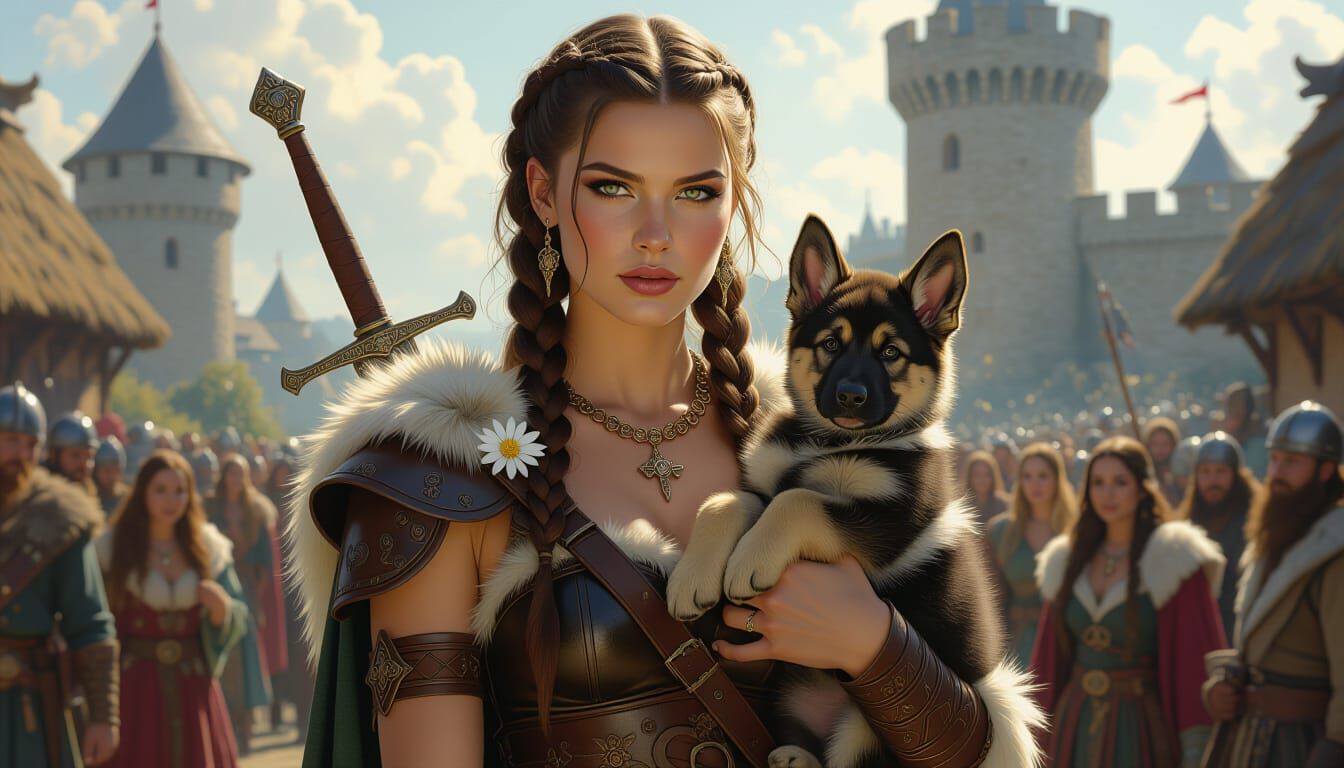 Viking Woman with Edelweiss and Puppy in Dramatic Style