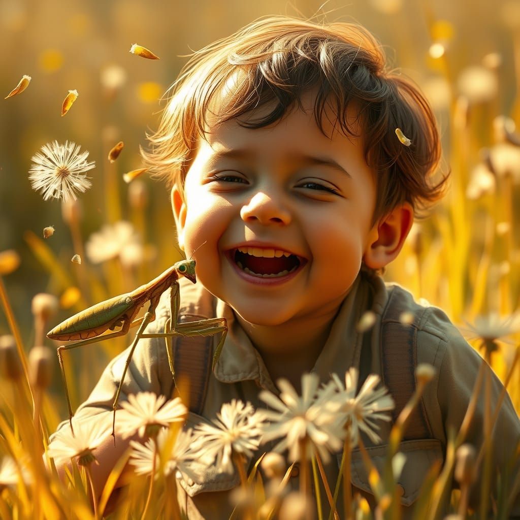 Child and Praying Mantis in Dandelion Field