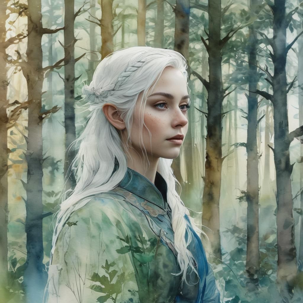 Elven Warrior in Forest, Watercolor Double Exposure