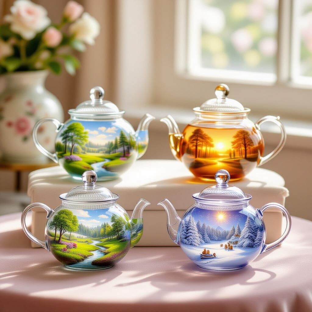 Magical Teapots Showcasing Worlds of Spring, Summer, Autumn,...