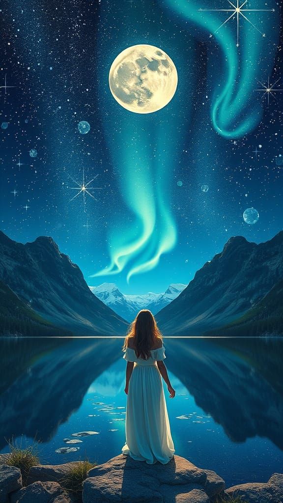 Ethereal Night Sky Over Tranquil Lake in Whimsical Collage S...