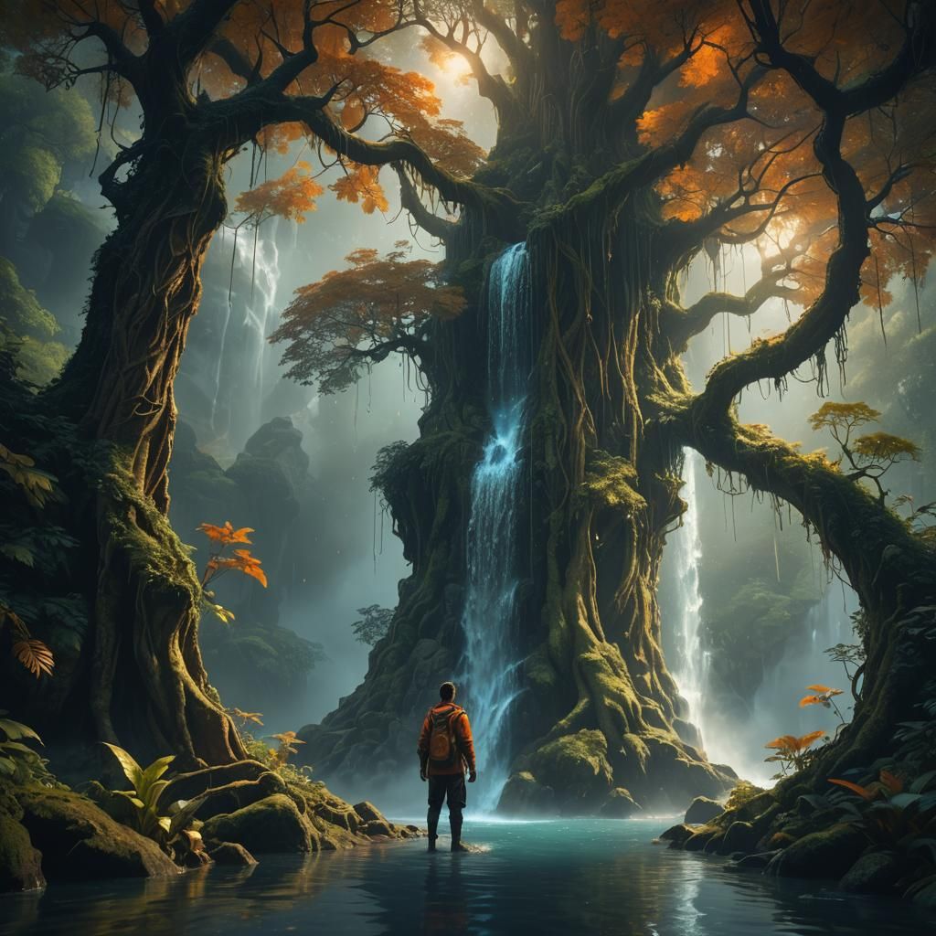 Mystical Waterfall World Seen Through a Secret Door