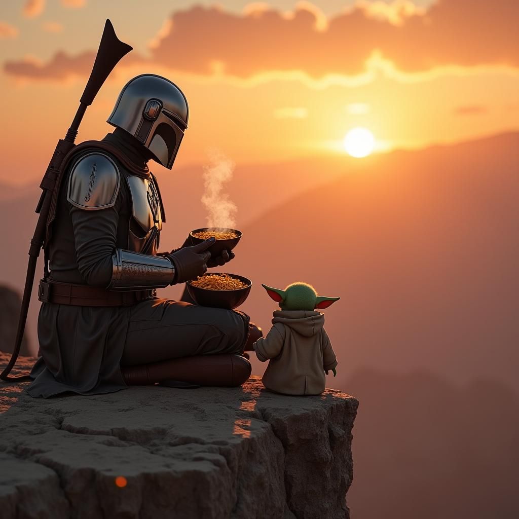 Mandalorian and Grogu Enjoy Ramen at Sunset