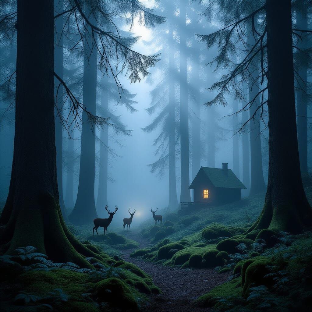 A vast ancient forest shrouded in thick silver fog. Shafts o...