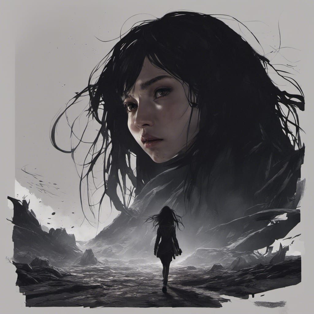 Black-Haired Girl in Dark Underground: Fantasy Art