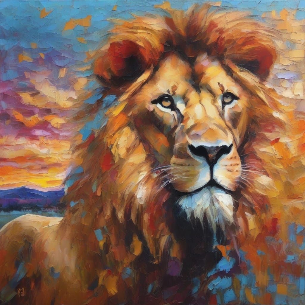 Impressionist Lion in Vibrant Sunset Desert