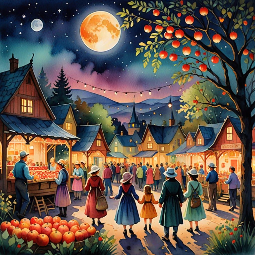 Joyful Harvest Festival Scene in Whimsical Watercolor Style