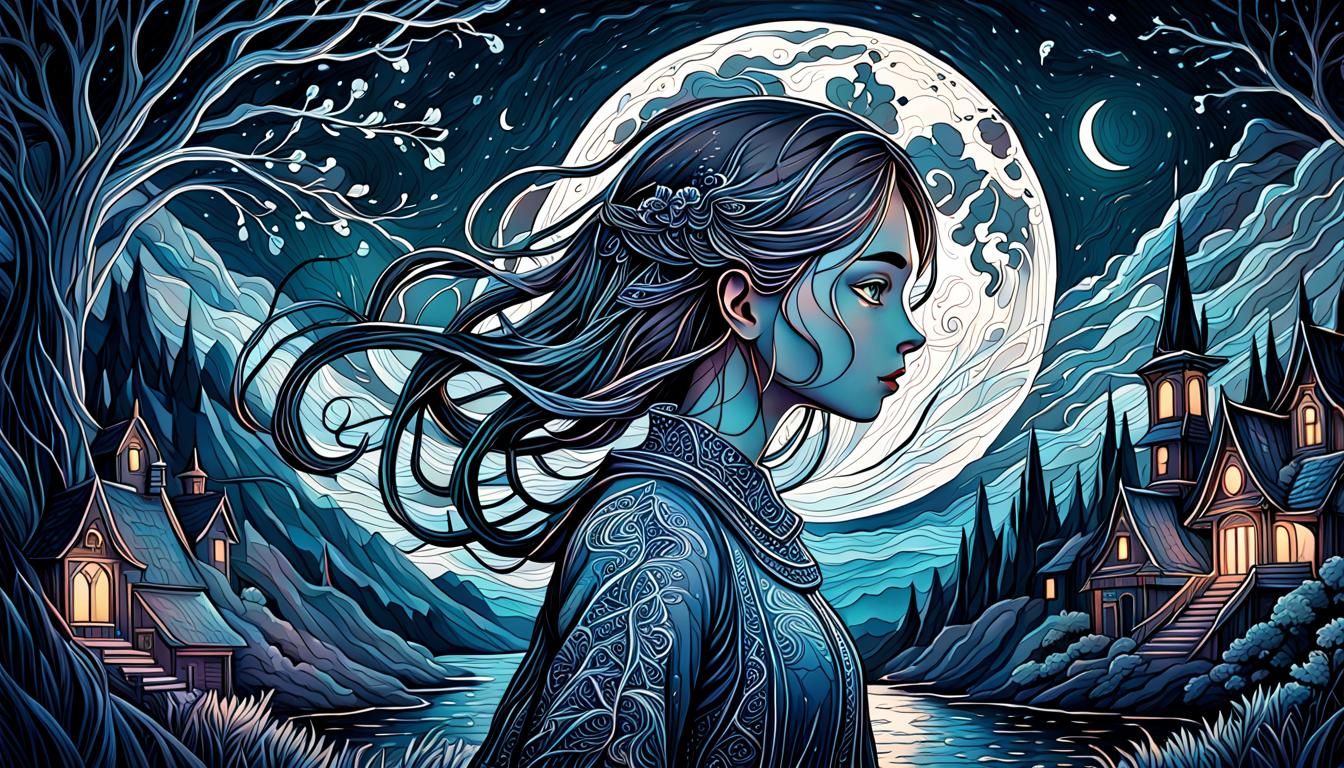 Girl in Moonlit Night: Detailed Line Art in Oil Paints