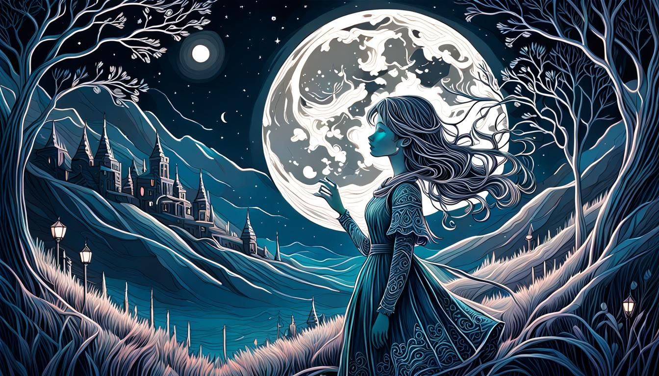 Girl in Moonlit Night: Detailed Line Art