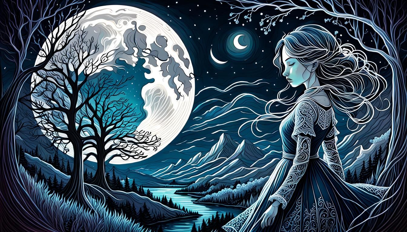 Girl in Moonlit Night: Detailed Line Art