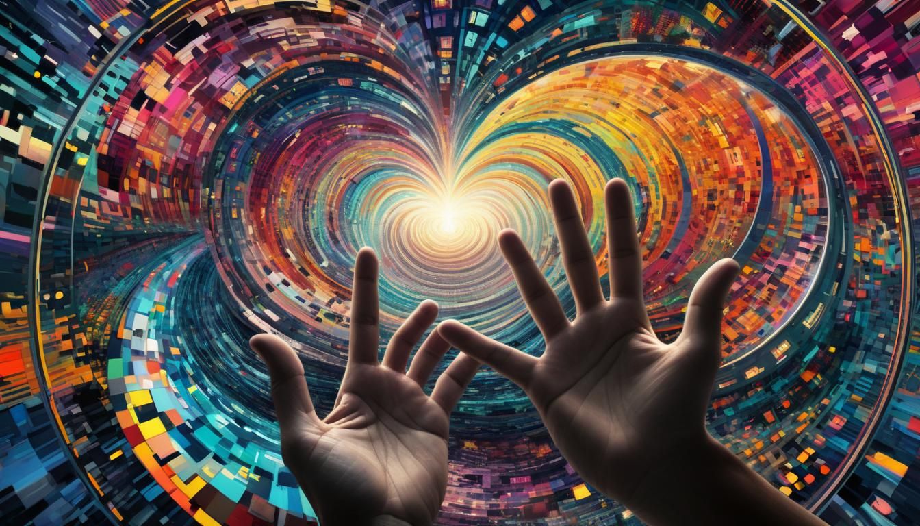 Kaleidoscopic Vortex Landscape with Dancing Figures