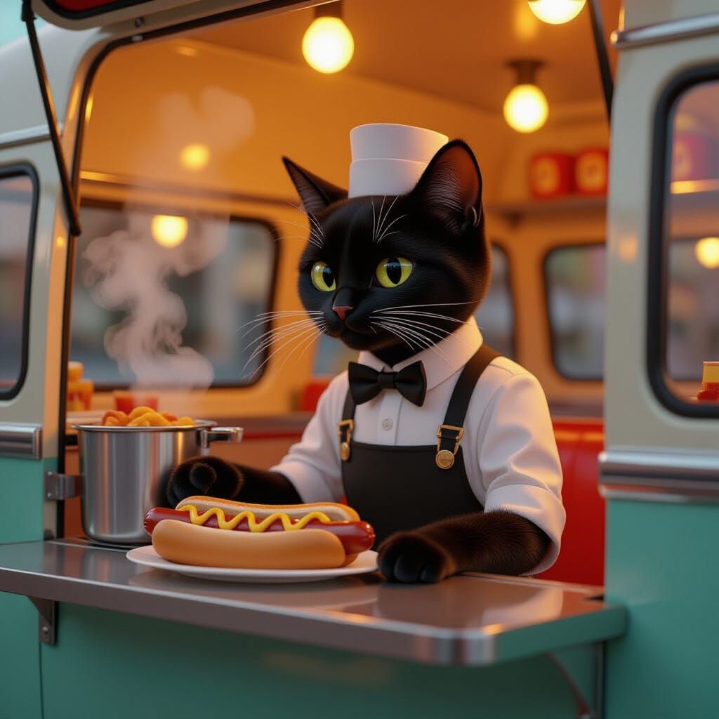 Black Cat Waiter Selling Hotdogs from Retro Food Van