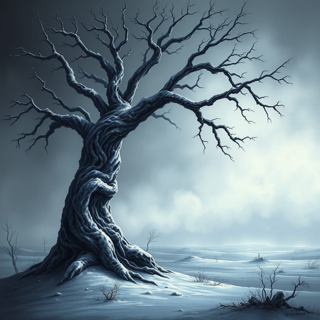 Twisted Ice Tree in a Desolate Winter Landscape