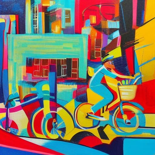 Vibrant Friends Ride Bicycles Through Whimsical Neighborhood