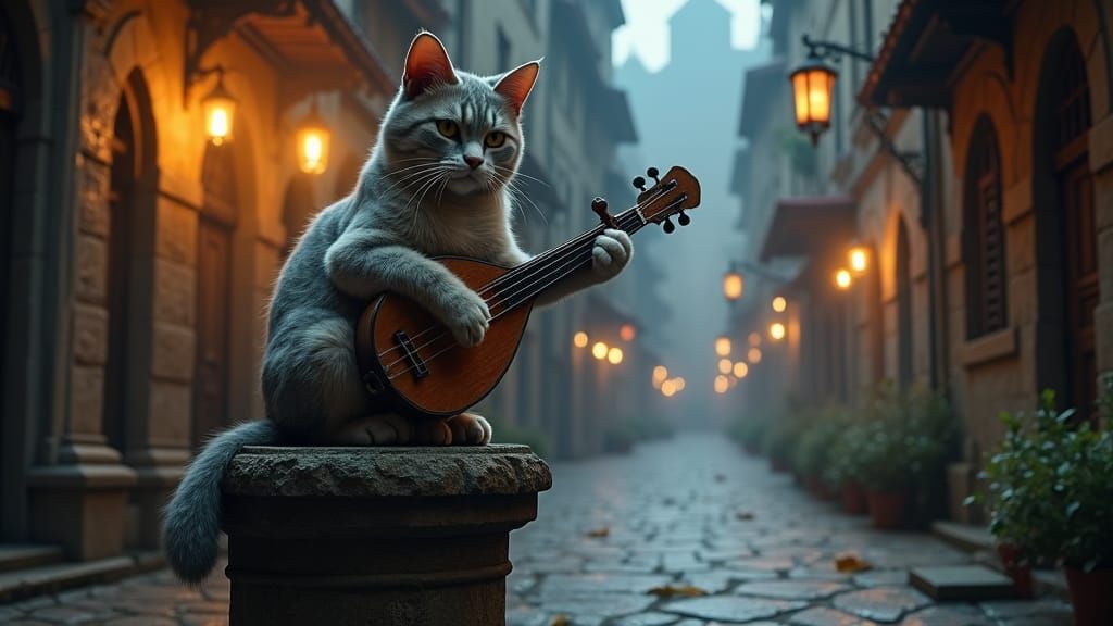 Medieval Cat Musician in Mystical Alleyway