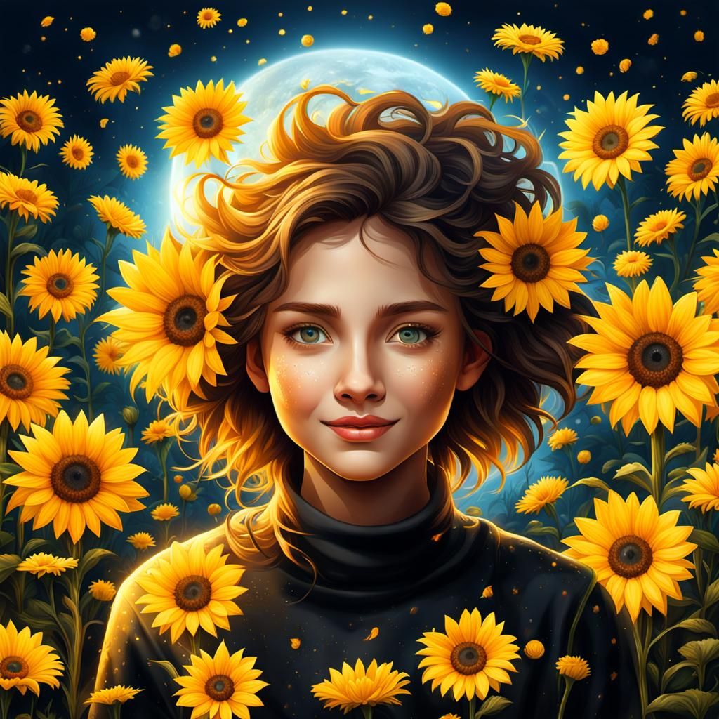 Radiant Sunflower Sun with Woman's Face, Hyperrealistic