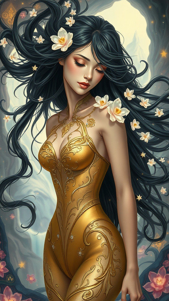 Fantasy Woman with Crystal Flowers and Gold Bodysuit