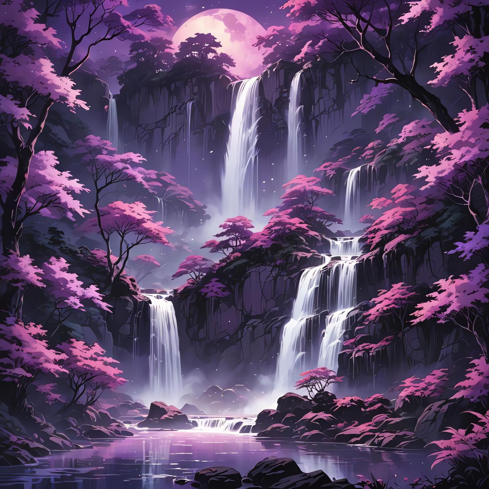 Majestic Purple Waterfall in Anime Style