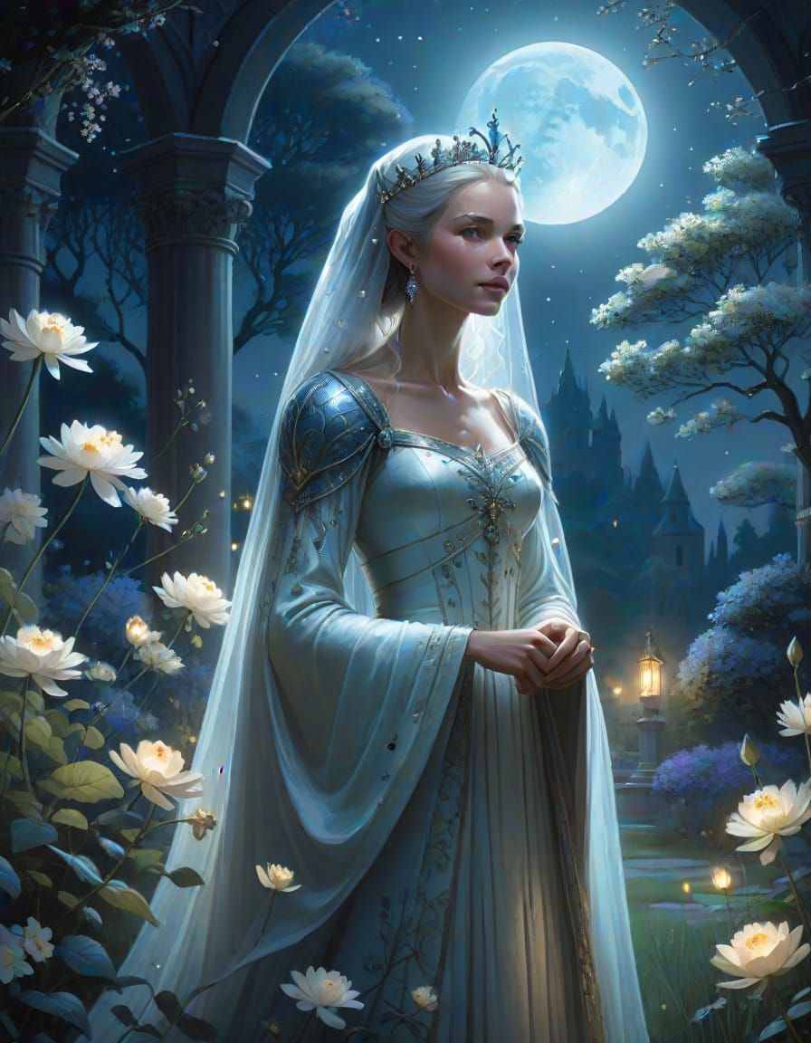 Ethereal Moonlit Queen in a Garden at Night