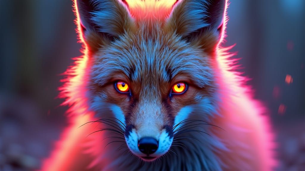 Neon Rainbow Fox Portrait in Digital Illustration