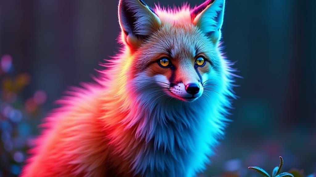 Neon Rainbow Fox Portrait: Digital Art Illustration
