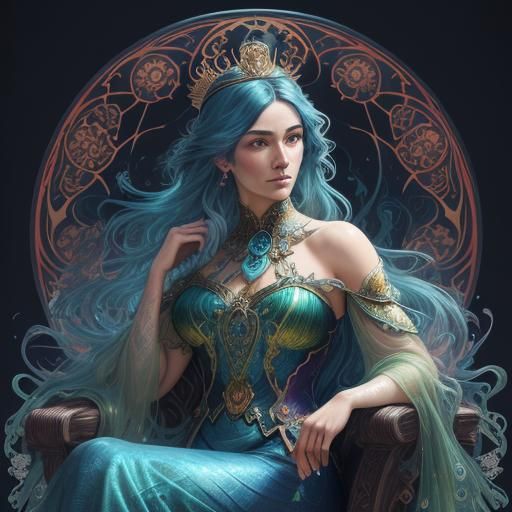 Peacock Mermaid Portrait in Art Nouveau Style