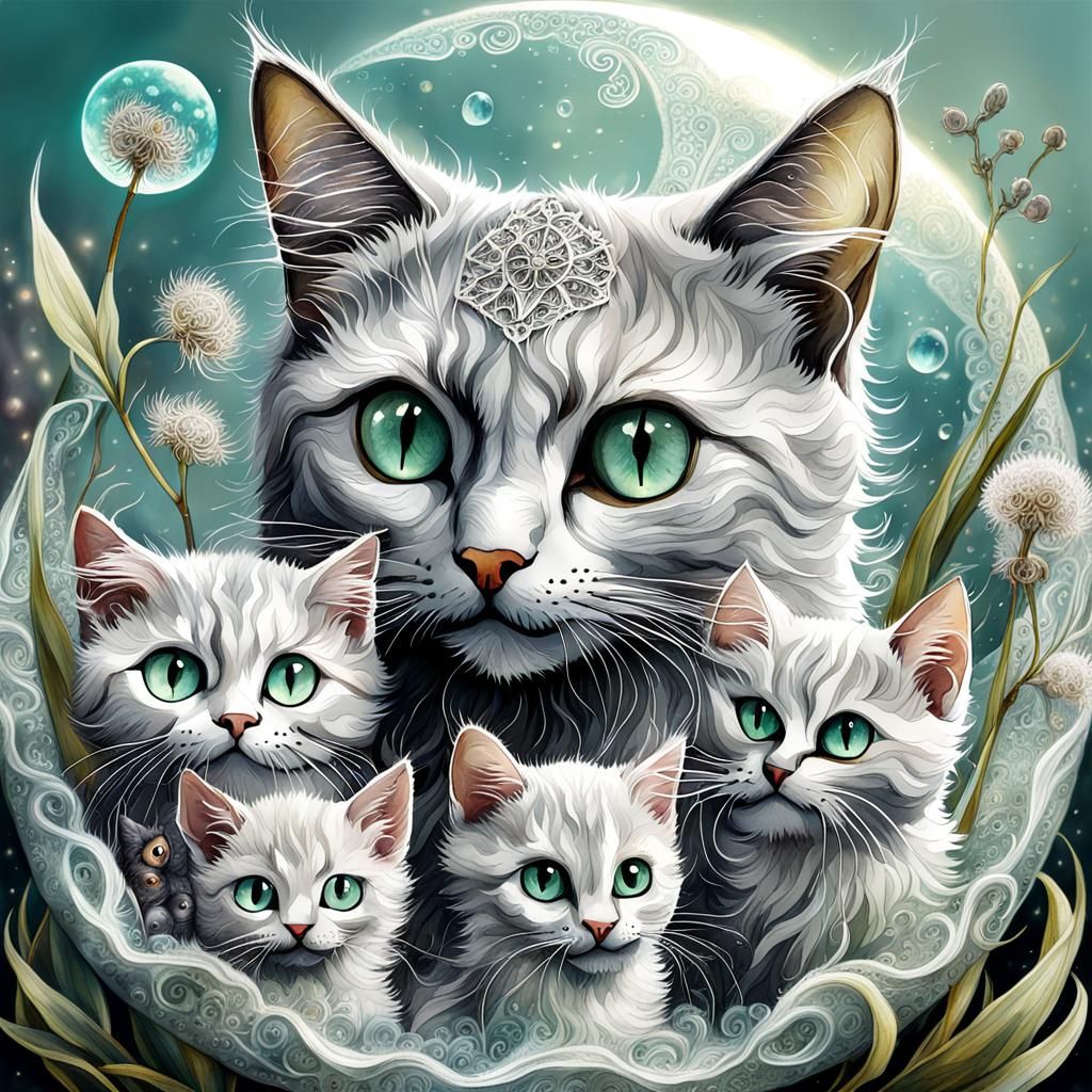 Mythical Spirit Cat Mother and Kittens Portrait