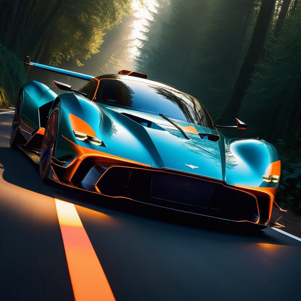 Neon Supercar Races on Mountain Road: Digital Art