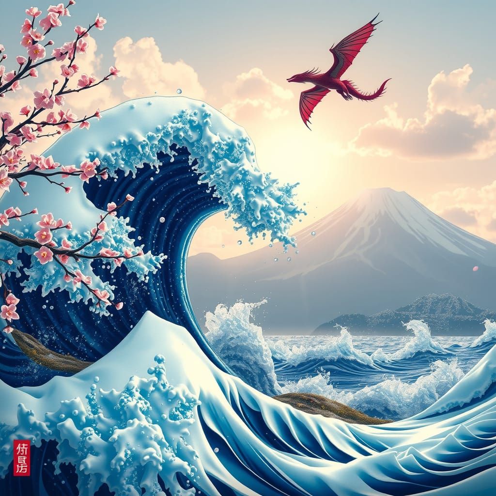 Majestic Wave of Cherry Blossoms with Dragon Soaring