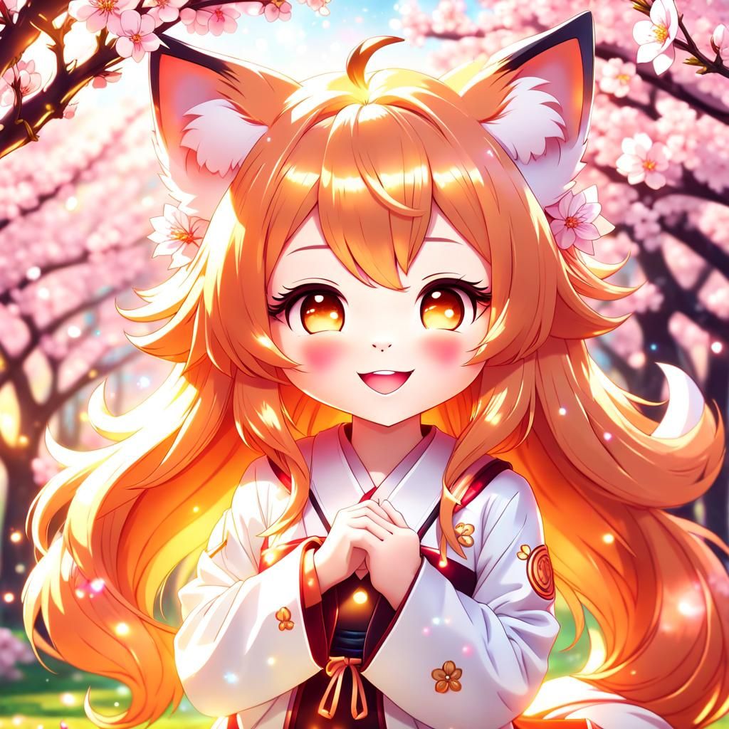 Chibi Kitsune in Cherry Blossom Garden: Anime Illustration