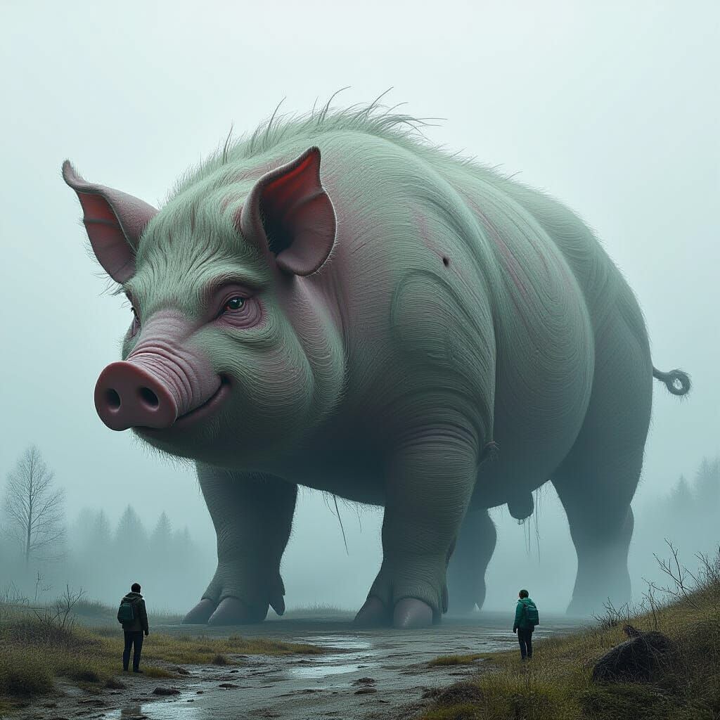 Giant Pig Creature in Misty Atmosphere