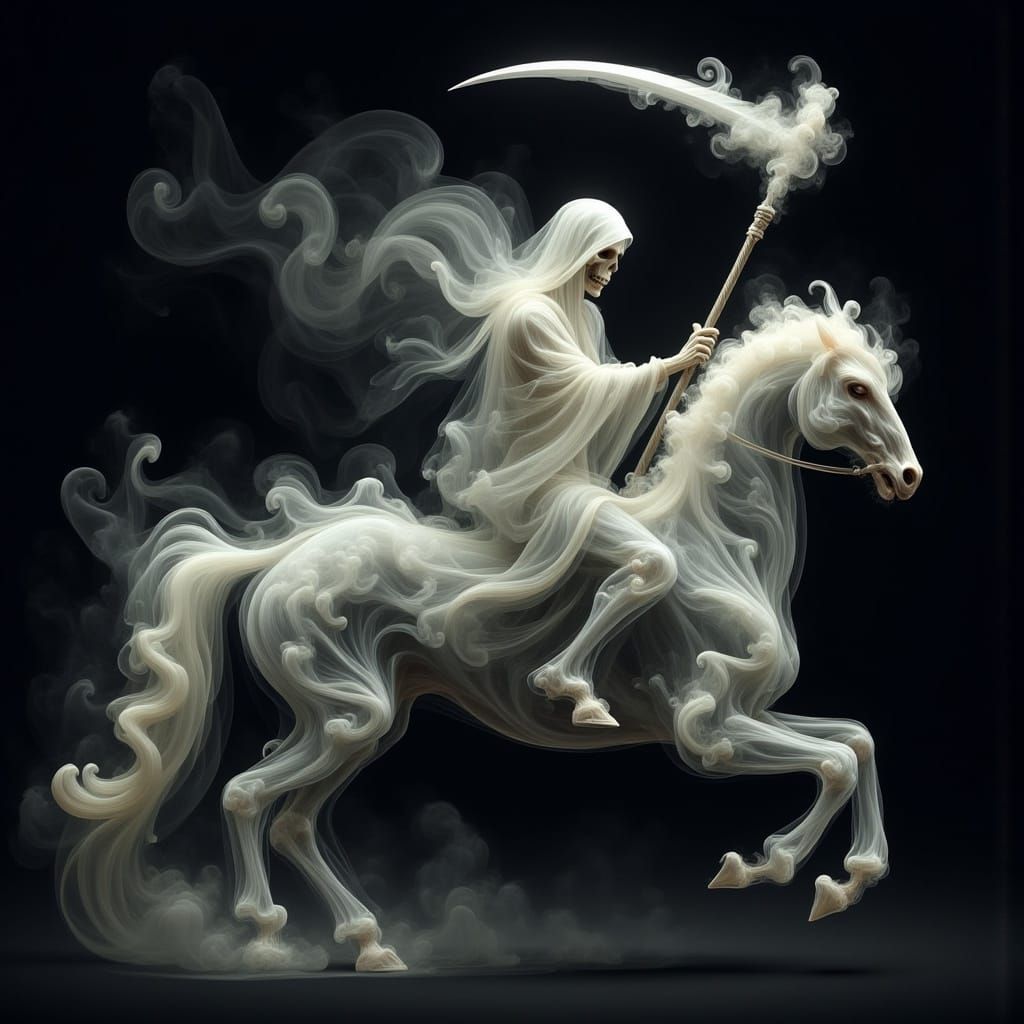 Ethereal Grim Reaper Rides Skeletal Horse in Dystopia