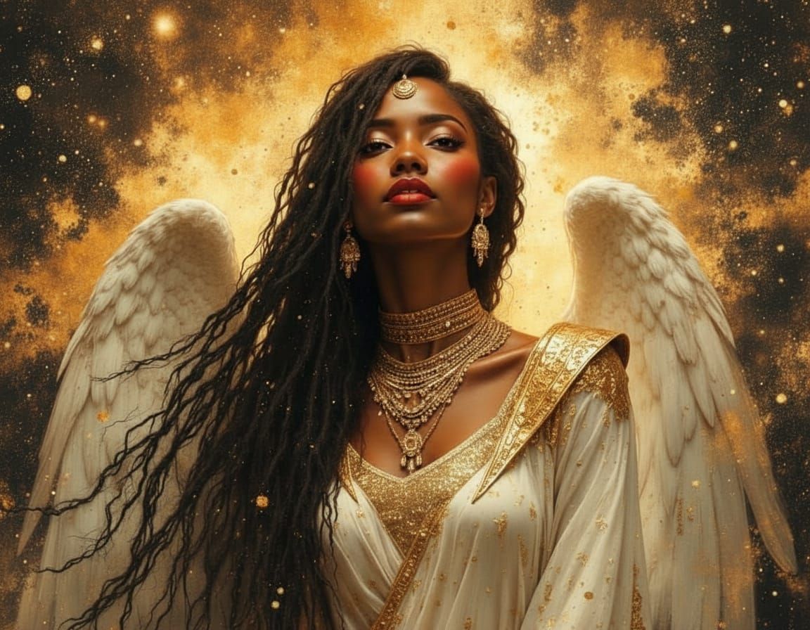 Regal African Goddess in Cosmic Oil Painting