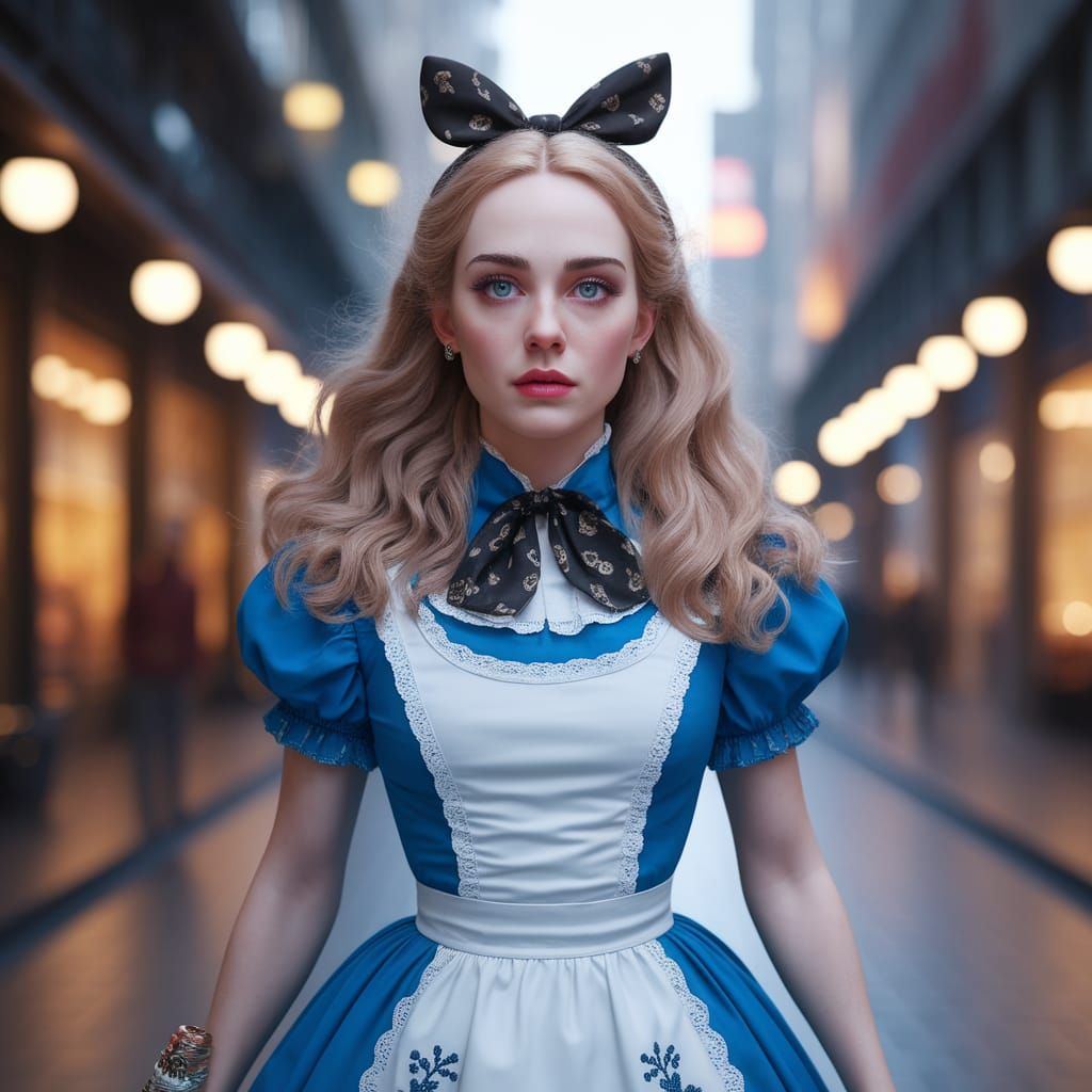 Alice in Wonderland's City Stroll in Hyperrealistic Style