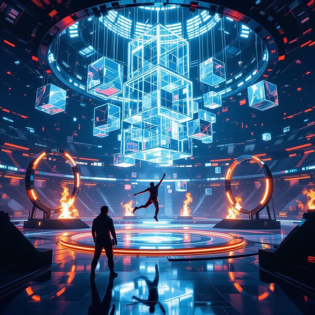 Futuristic Athlete Navigates a Neon Maze