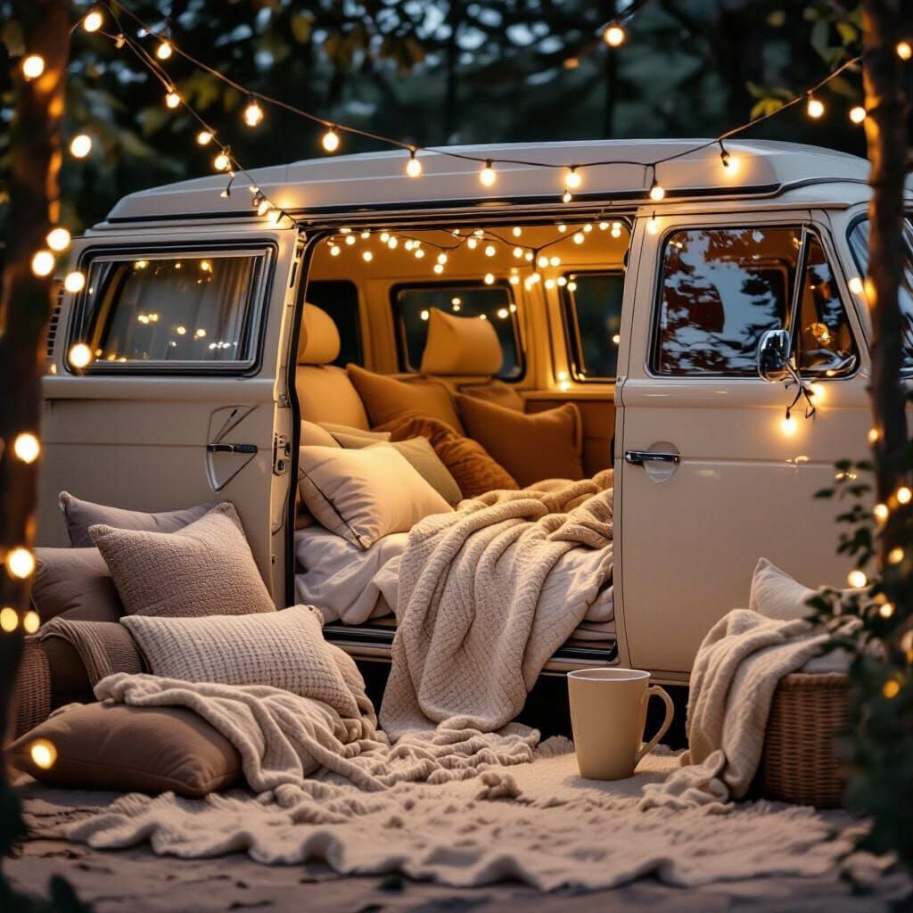 Cozy Beige Van Under Twinkling Fairy Lights