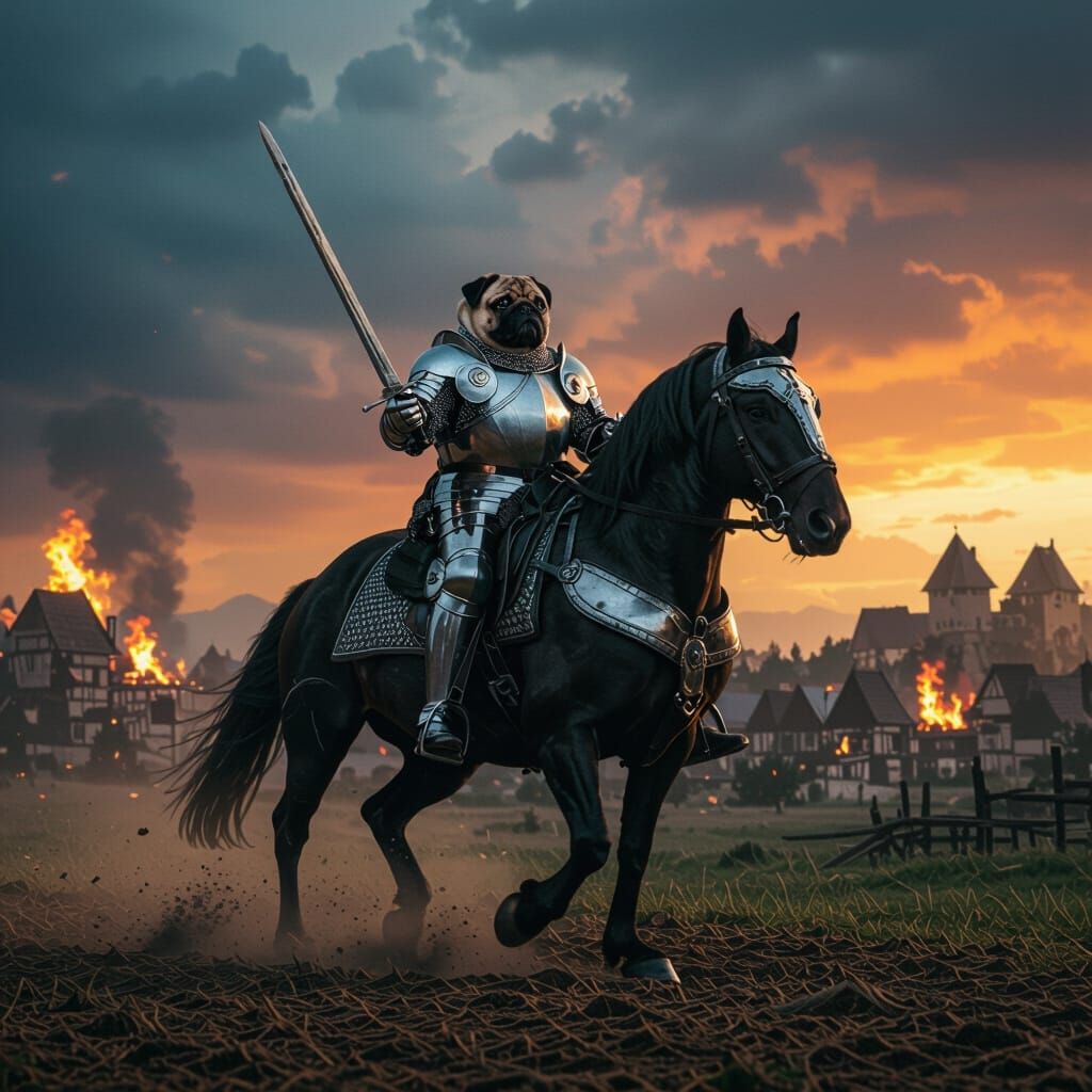 Pug Knight Rides into Battle on Black Horse