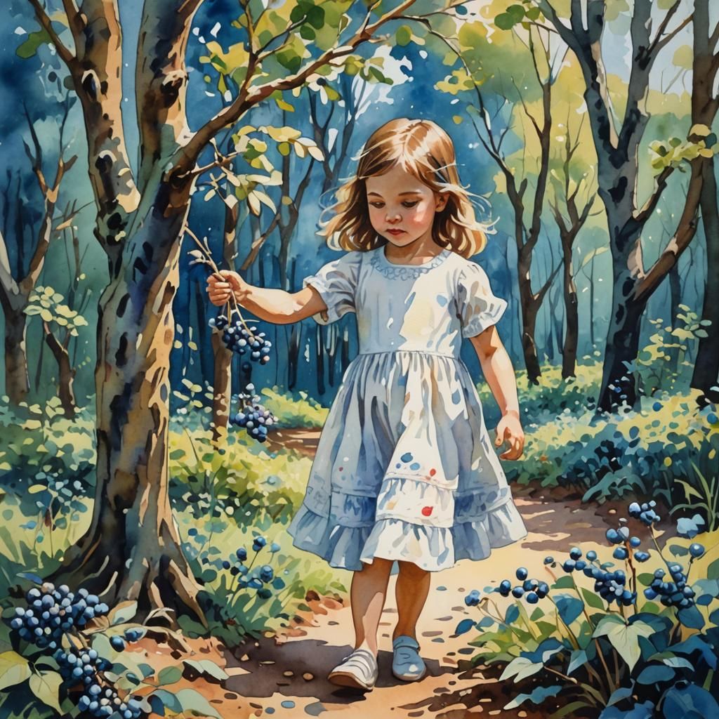 Girl Picking Blueberries in Forest: Gouache Watercolor