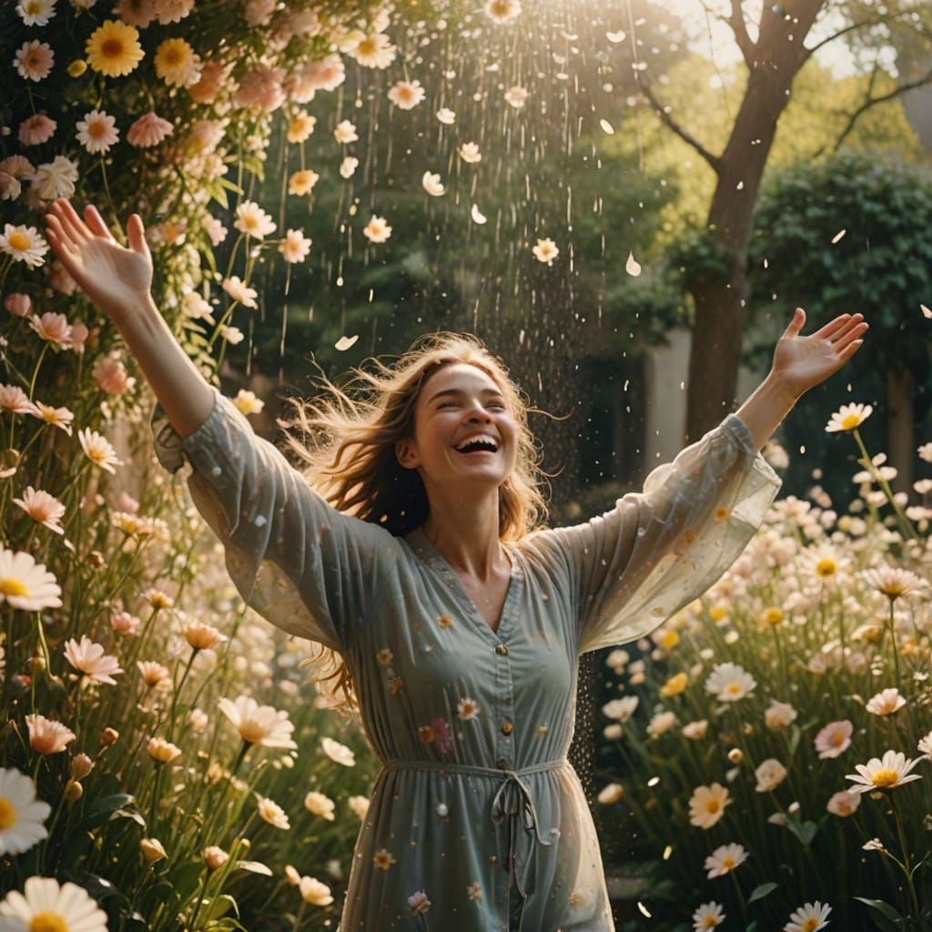 Ethereal Woman Surrounded by Blooming Flowers in Soft Focus