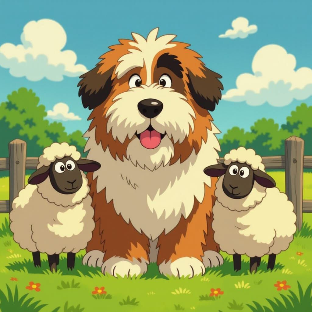 Fluffy English Sheepdog with Sheep Friends in Studio Ghibli ...