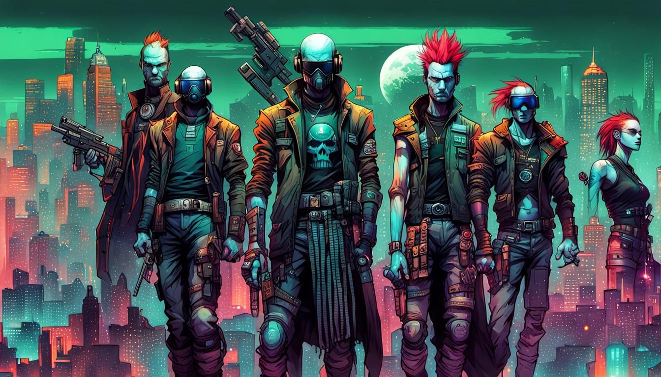 Cyberpunk Punks and Mutants in Surreal Cityscape