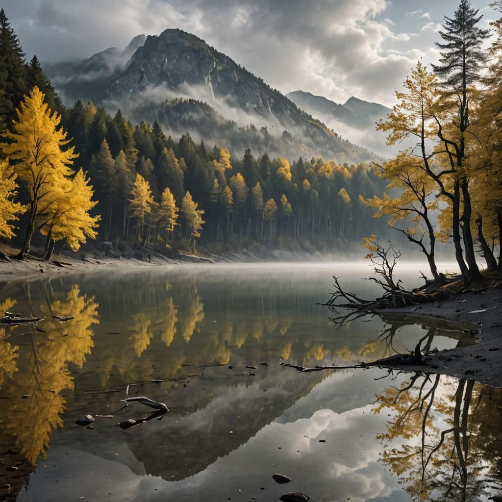 Misty Mountain Landscape with Frozen Lake, Oil Painting Styl...