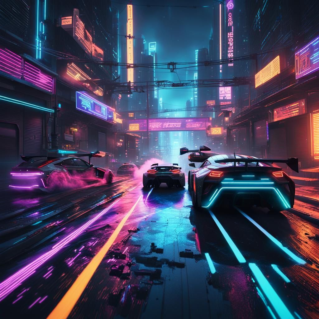 Cyberpunk Street Race Concept Art in Neon Alley